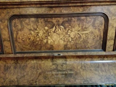 John Brinsmead and Sons upright iron grand No 40508-showing marquetry on upper front board and writing under fallboard